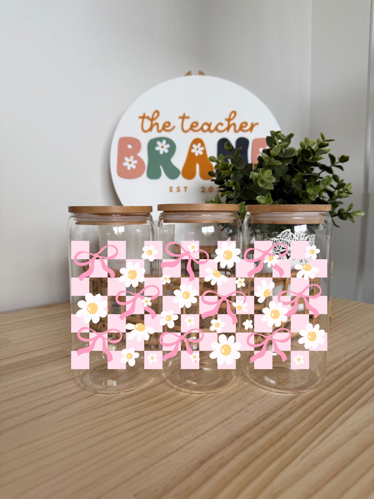 Pink Gingham Bow Glass Tumbler