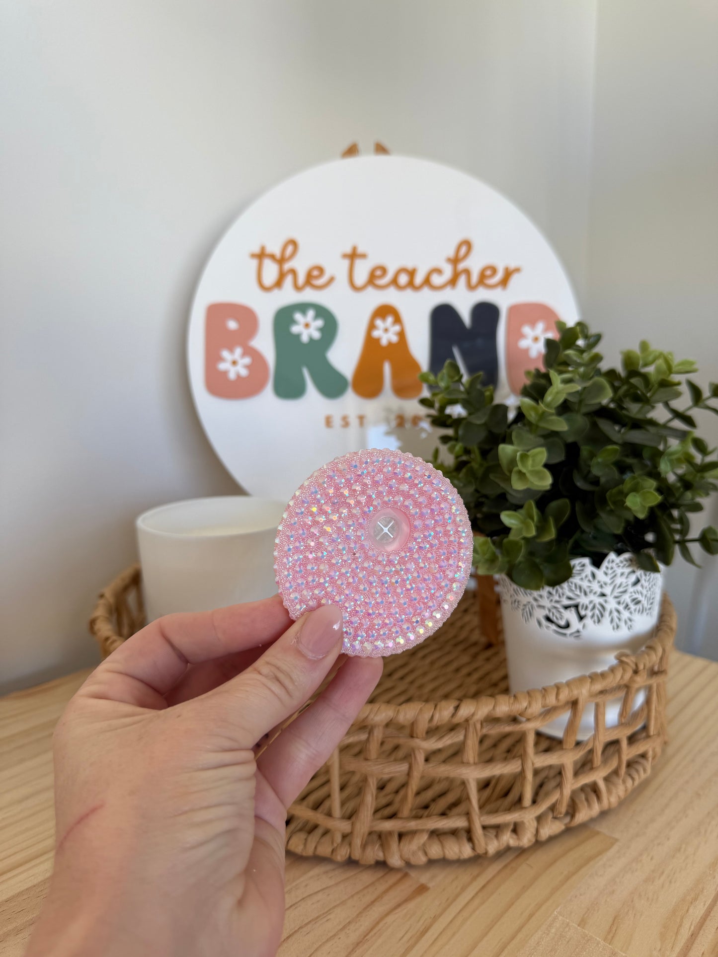 Bedazzled Glass Tumbler Lid - Baby Pink