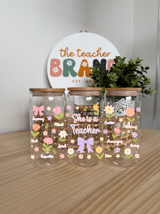 She Is A Teacher Floral Glass Tumbler