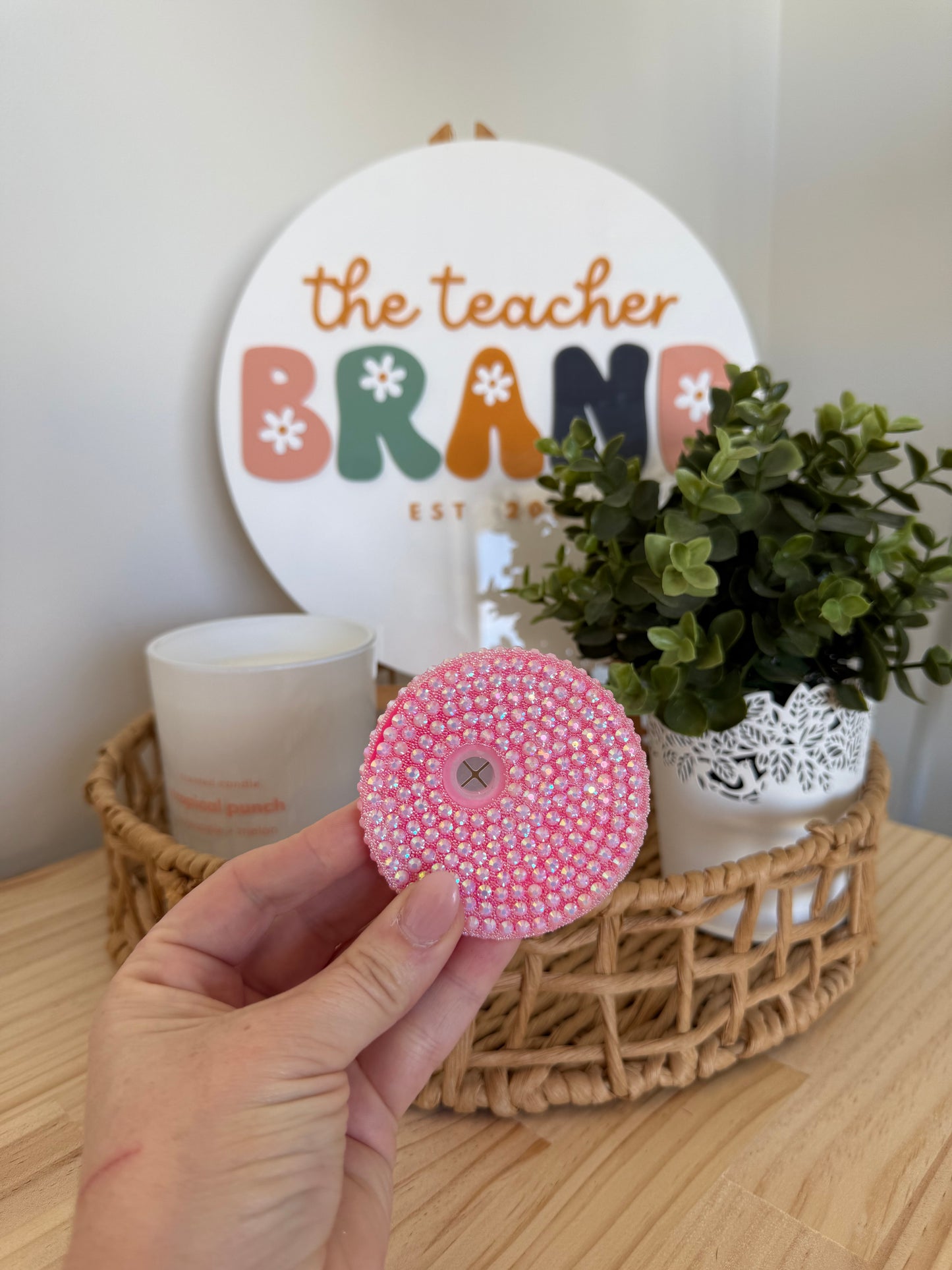 Bedazzled Glass Tumbler Lid - Bright Pink