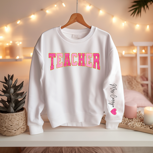 Pink Teacher Crewneck + Personalised Sleeve  *PRE-ORDER*