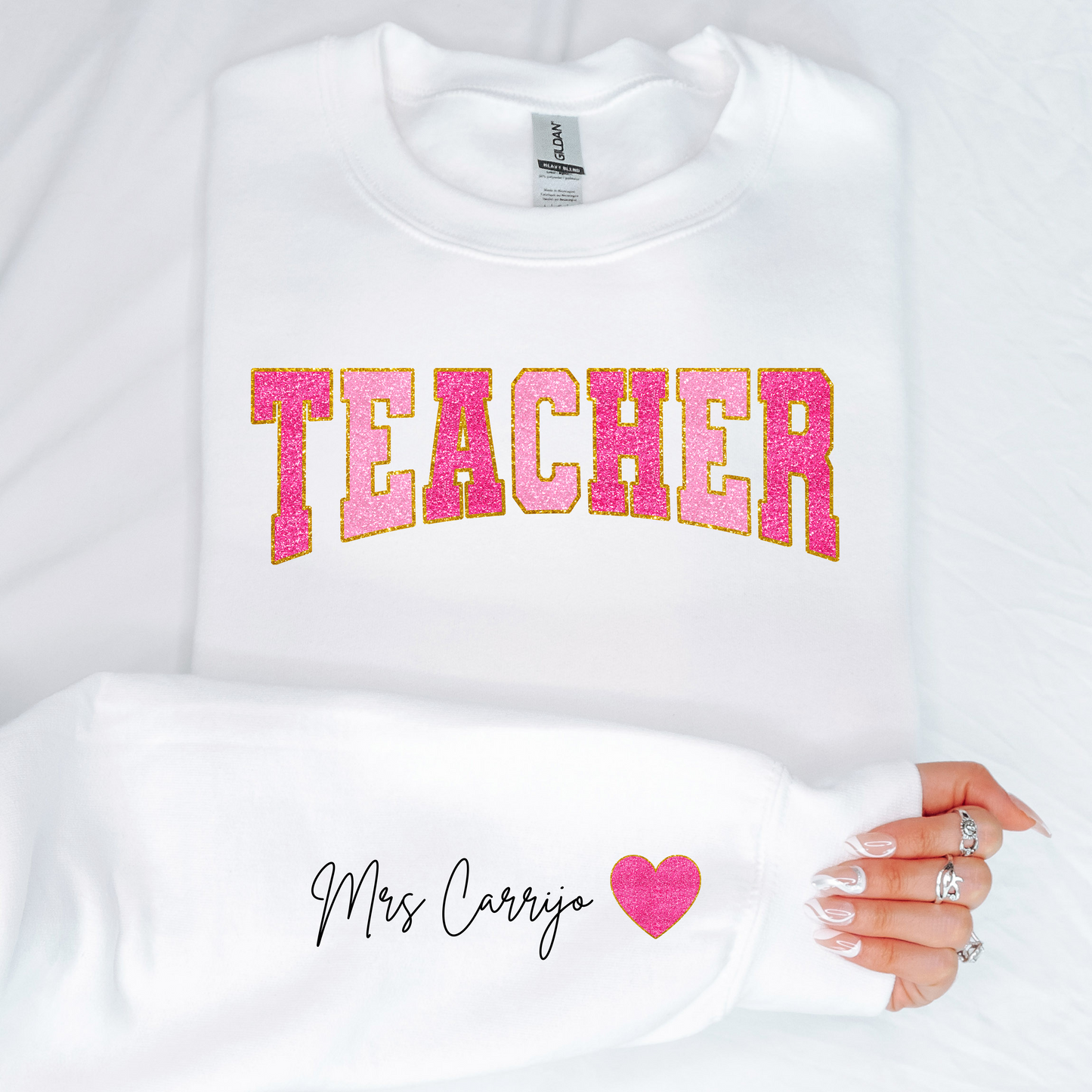 Pink Teacher Crewneck + Personalised Sleeve  *PRE-ORDER*